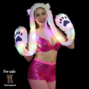 LED Light-Up Faux Fur Spirit Hood w/ Ears & Paw Mittens – White, Festival Rave